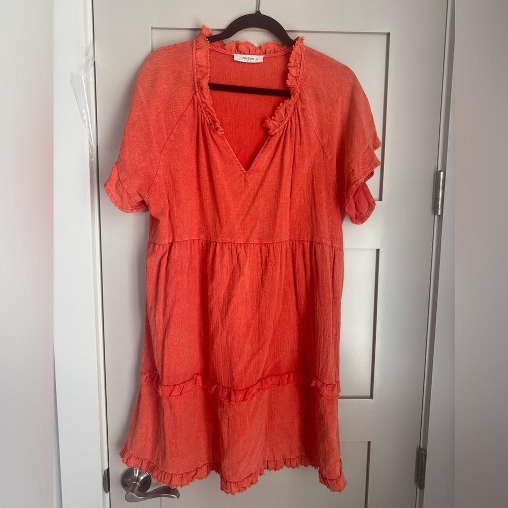 Umgee Coral Ruffle Trim Dress
